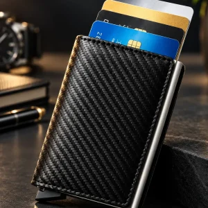 Billetera anticlonación Carbono con tarjetas desplegadas en abanico