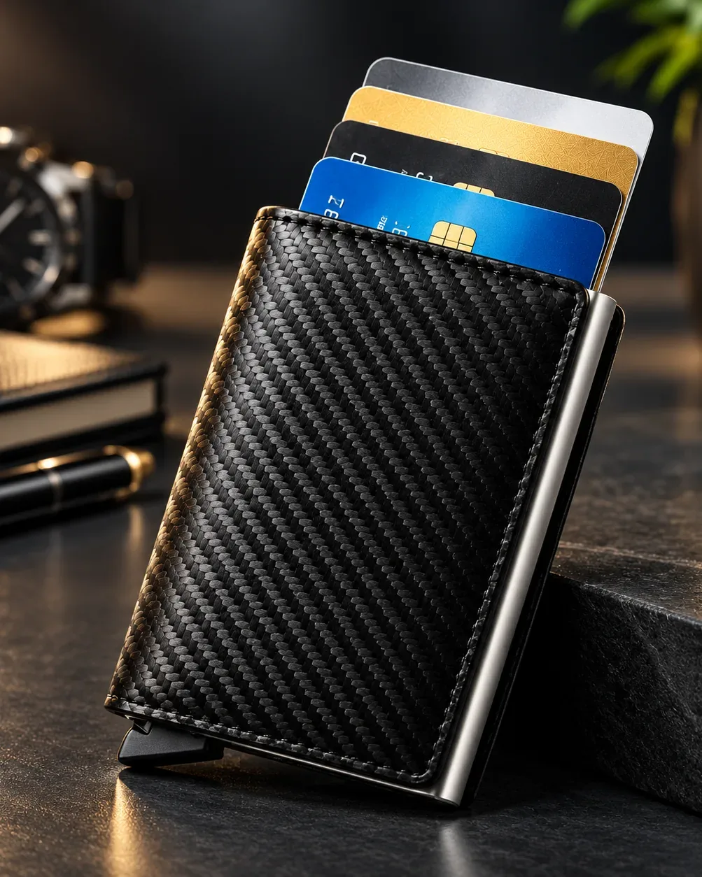 Billetera anticlonación Carbono con tarjetas desplegadas en abanico